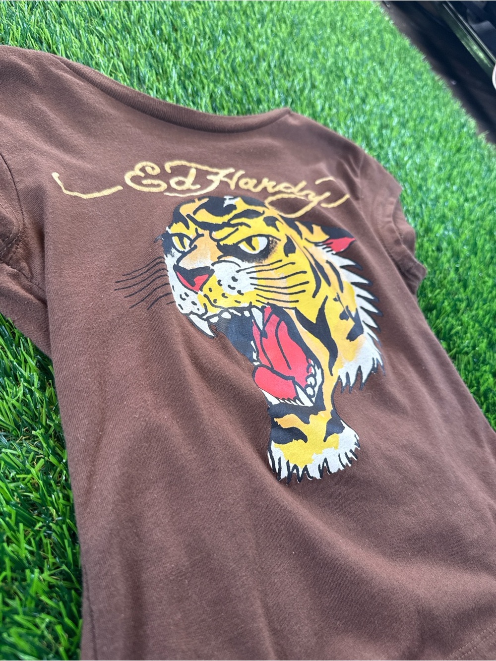 Ed Hardy Brown Tee with Yellow & Red Tiger Graphic